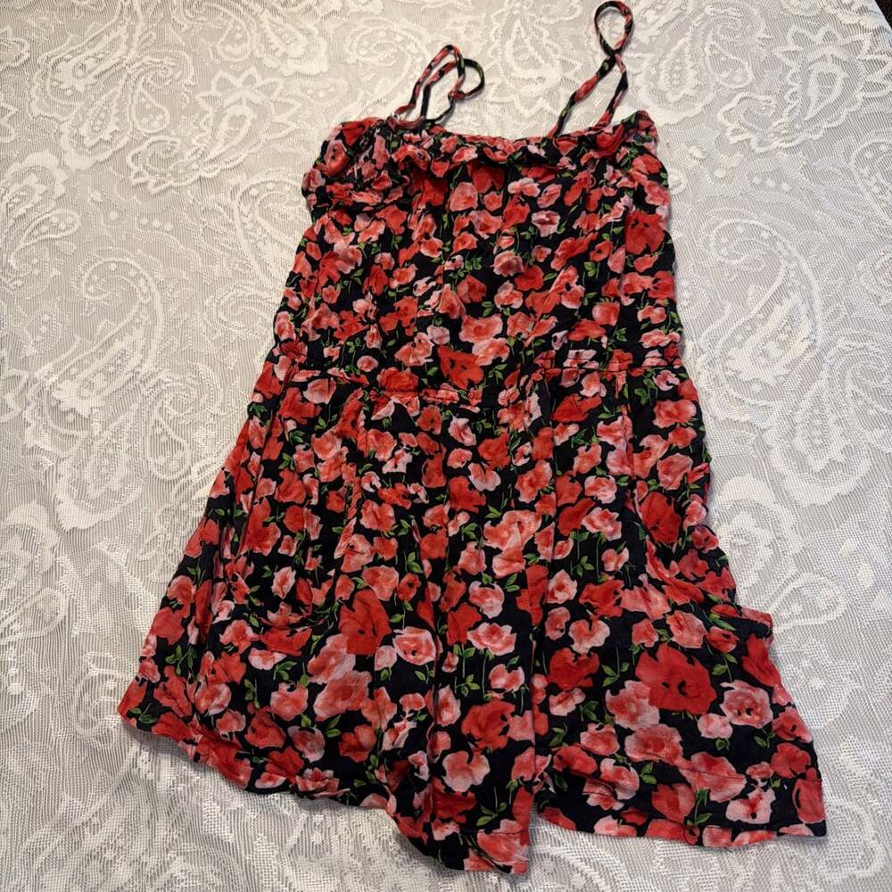 Sidecca Red Poppies Pattern Ruffle Tank Top Med Cute Summer Vibe & Pockets